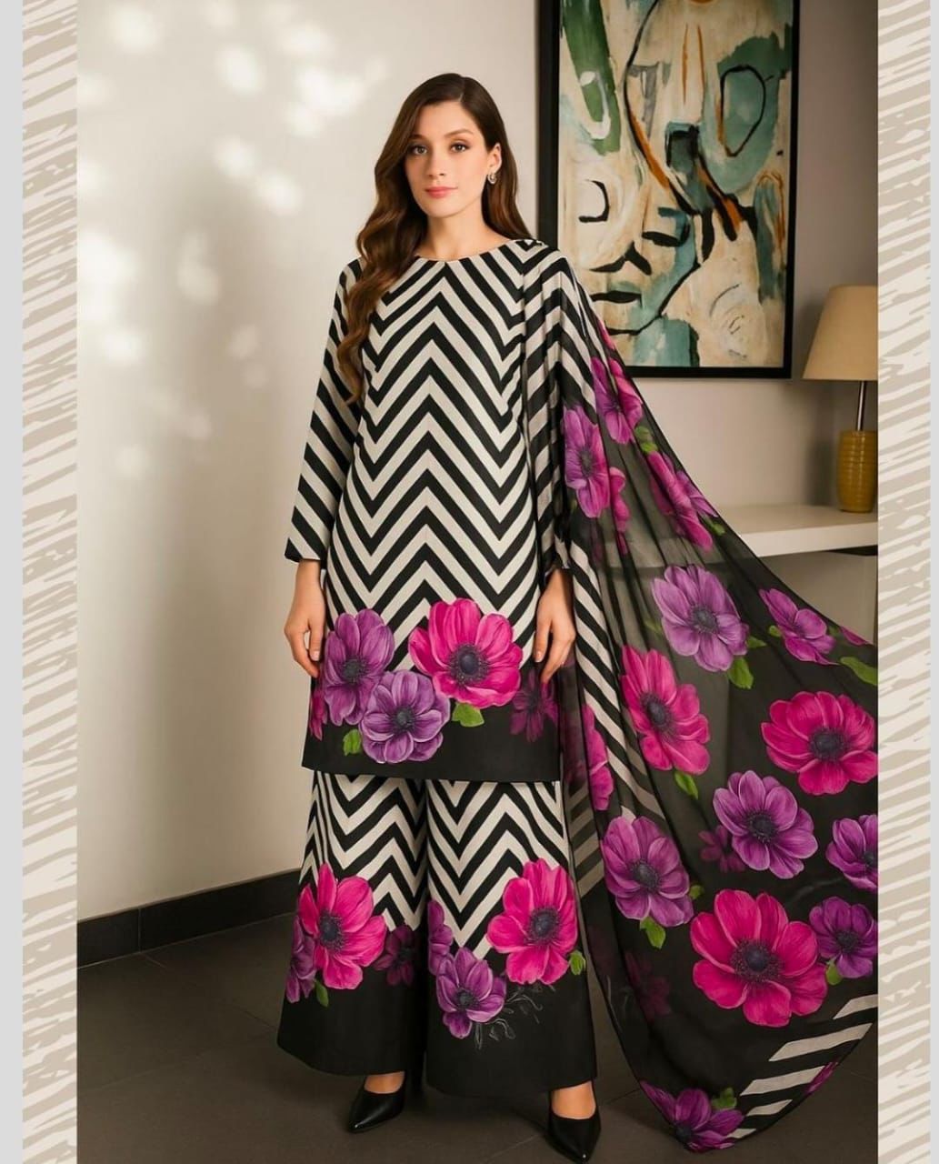 Digital Floral Printed Shamooz Silk 3Pc unstitched Collection